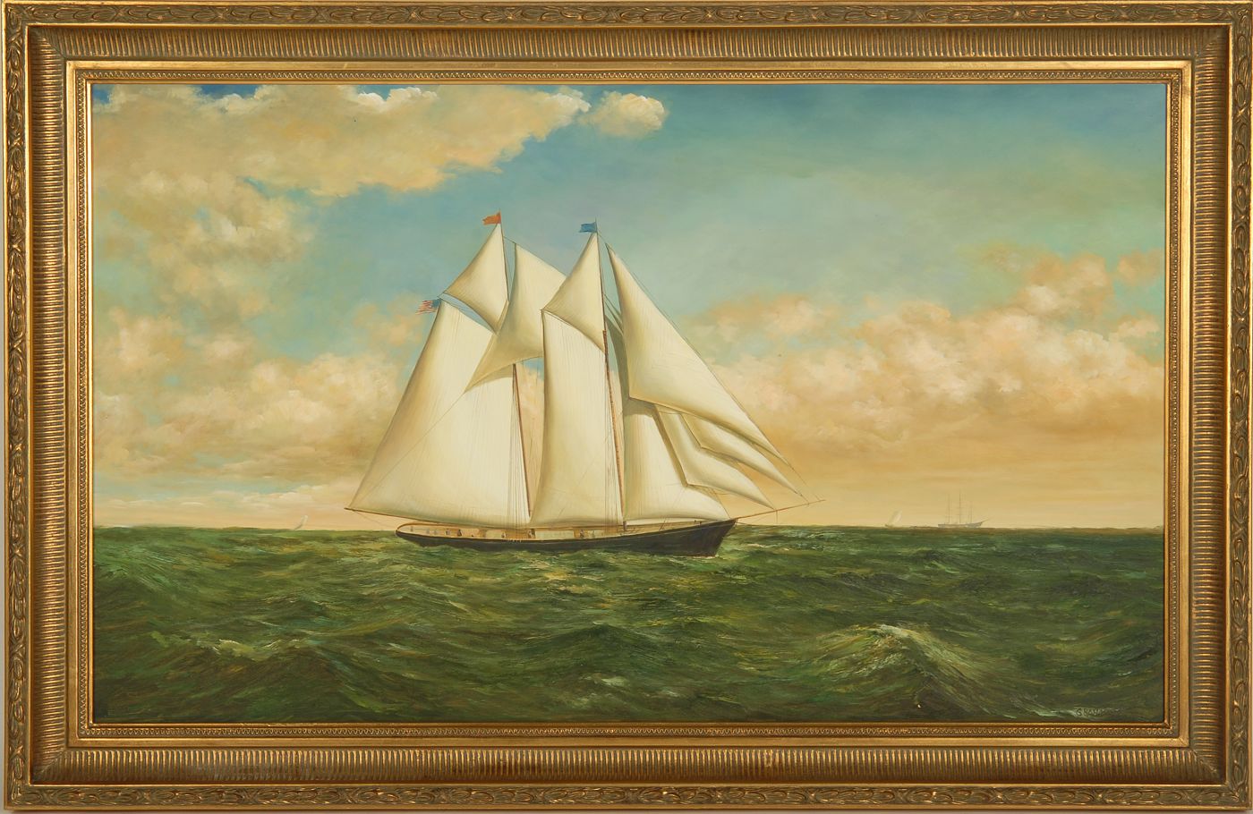 Appraisal: FRAMED PAINTING Pilot schooner underway in a serene green sea