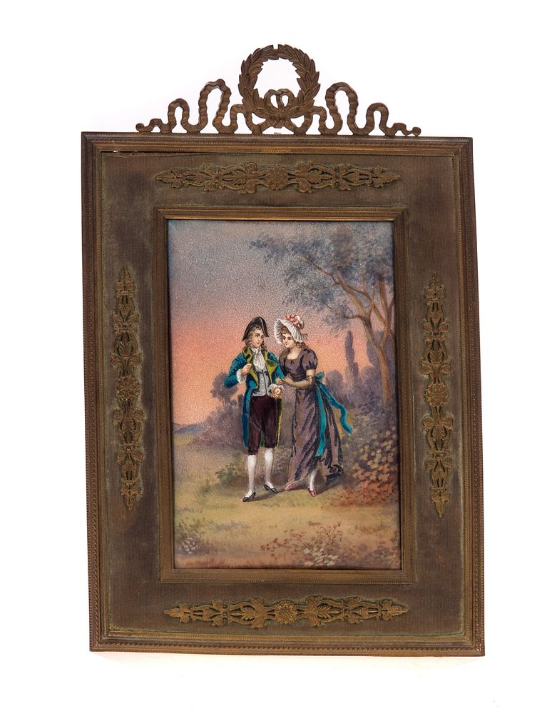 Appraisal: Enamel Plaque Painting in Decorative Frame Enamel Plaque Painting in