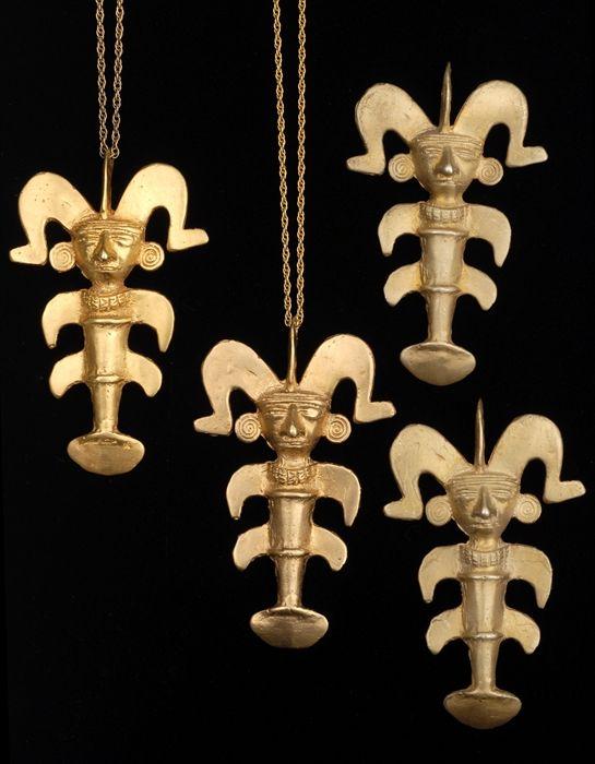 Appraisal: FOUR PRE-COLUMBIAN STYLE FIGURAL PENDANTS stamped k stamped Provenance Property