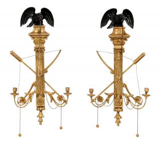 Appraisal: Pair Regency Style Ebonized and Parcel Gilt Wall Sconces late