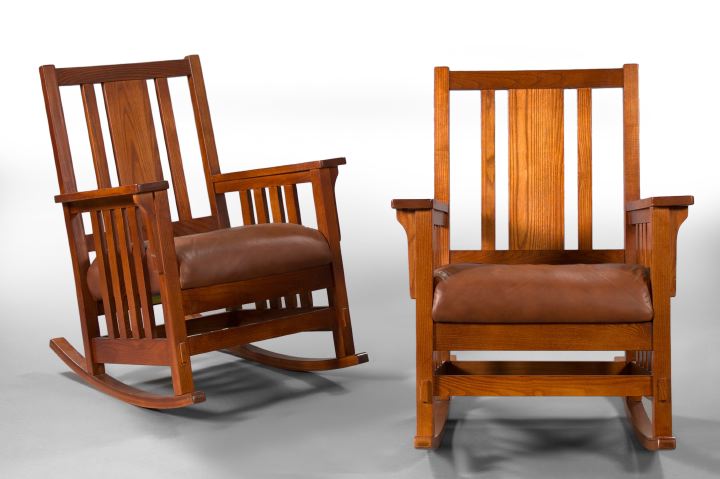 Appraisal: Pair of Arts and Crafts-Style Oak Rocking Chairs each exhibiting