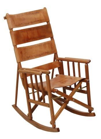 Appraisal: Leather back and seat wood framed rocking chair th c