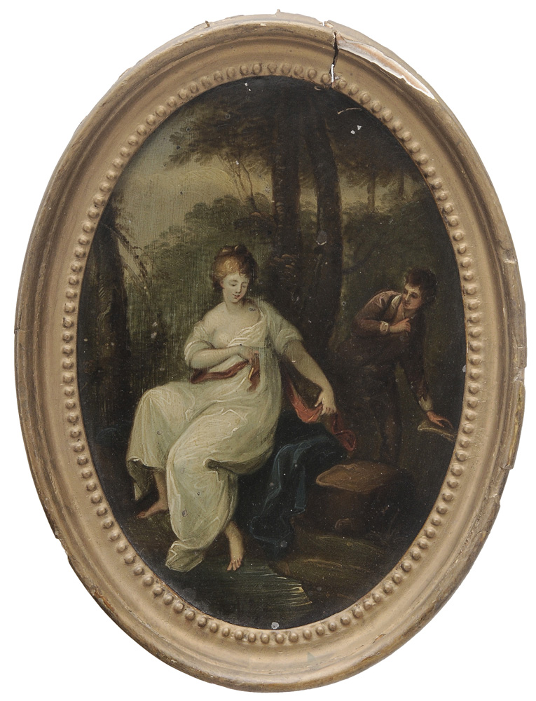 Appraisal: British School th century Woman Bathing oil on tin -