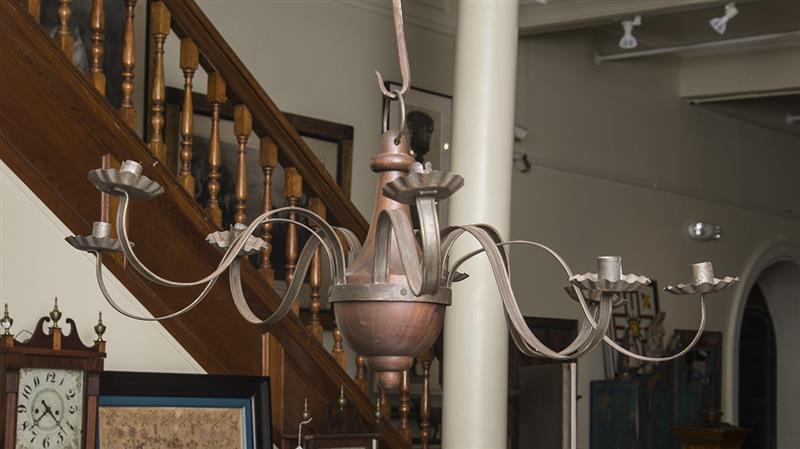 Appraisal: COLONIAL STYLE WALNUT AND COPPER EIGHT-LIGHT CANDELIER in to ring