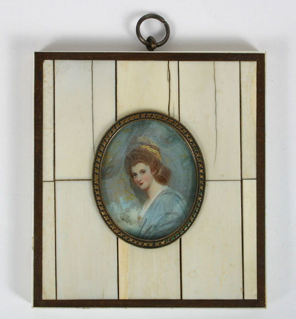 Appraisal: German hand painted female portrait in ivory frame Signed M