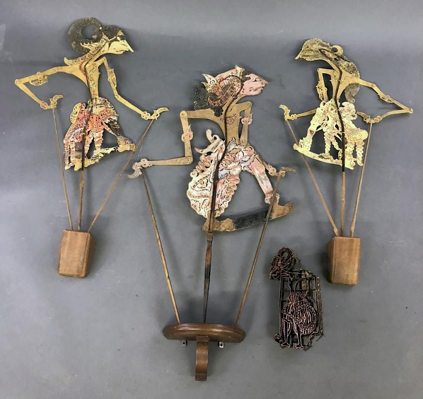 Appraisal: Balinese Shadow Puppets and Wayang Tjab Block Three Balinese leather