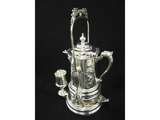 Appraisal: Victorian Silverplate Tilting Water Kettle with underpan holder goblet a