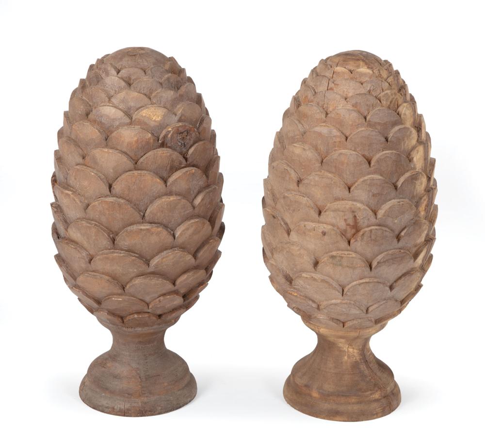 Appraisal: Pair of Carved Wood Pinecone Finials th c h in