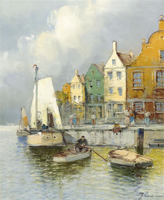 Appraisal: GEORG FISCHHOF Vienna A Dutch harbour view Oil on canvas