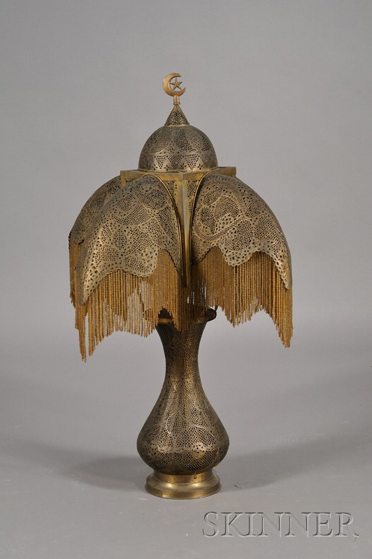 Appraisal: Large Turkish Tourist Market Pierced Brass Lamp and Shade late