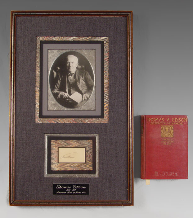 Appraisal: THOMAS EDISON AUTOGRAPH ST EDITION BOOK Framed autograph on card