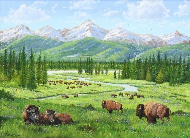 Appraisal: Framed oil on canvas painting Buffalo In The Rockies signed