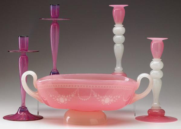 Appraisal: STEUBEN Five pieces Rosaline two-handled centerbowl and pair of matching