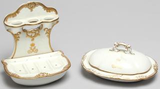 Appraisal: Rare Victorian White Gilt Porcelain Bath Items Comprising a covered