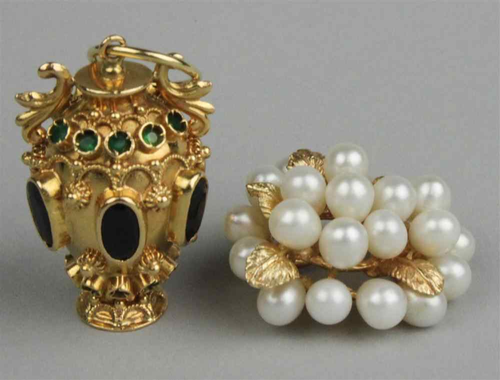 Appraisal: TWO YELLOW GOLD GEM-SET AND PEARL PENDANTS the first of