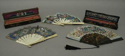 Appraisal: Two Chinese Export Painted Paper Fans in Fitted Lacquer Boxes