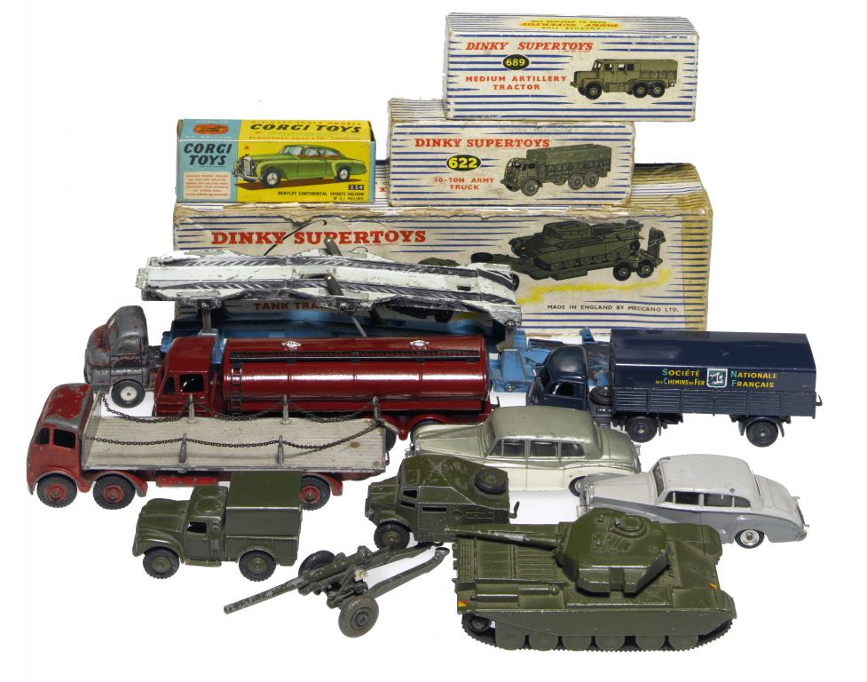 Appraisal: THIRTEEN DIE CAST VEHICLES comprising French Dinky Tracteur Panhard SNCF