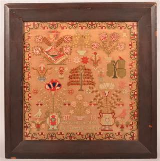 Appraisal: Large Framed Victorian Yarn Work Sampler Signed Worked in by