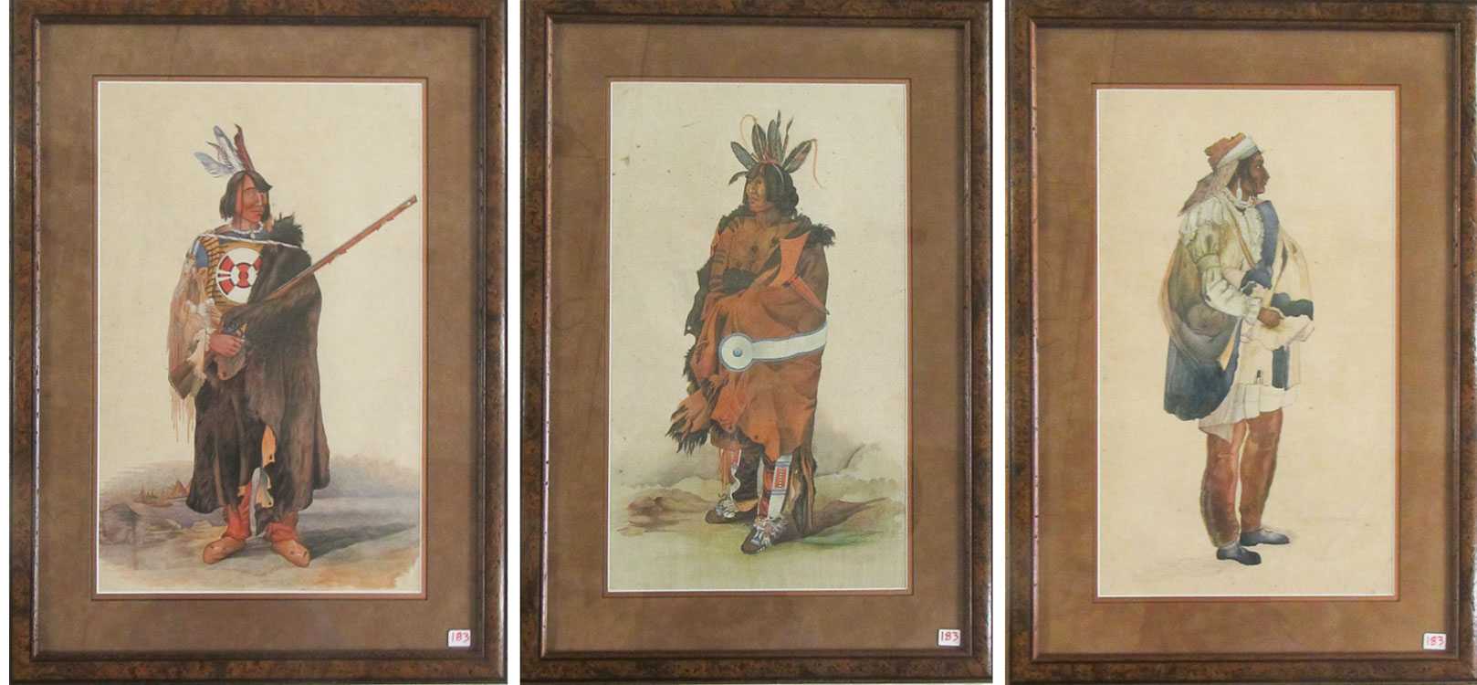 Appraisal: THREE NATIVE AMERICAN PORTRAITS GOUACHES ON PAPER after Karl Bodmer