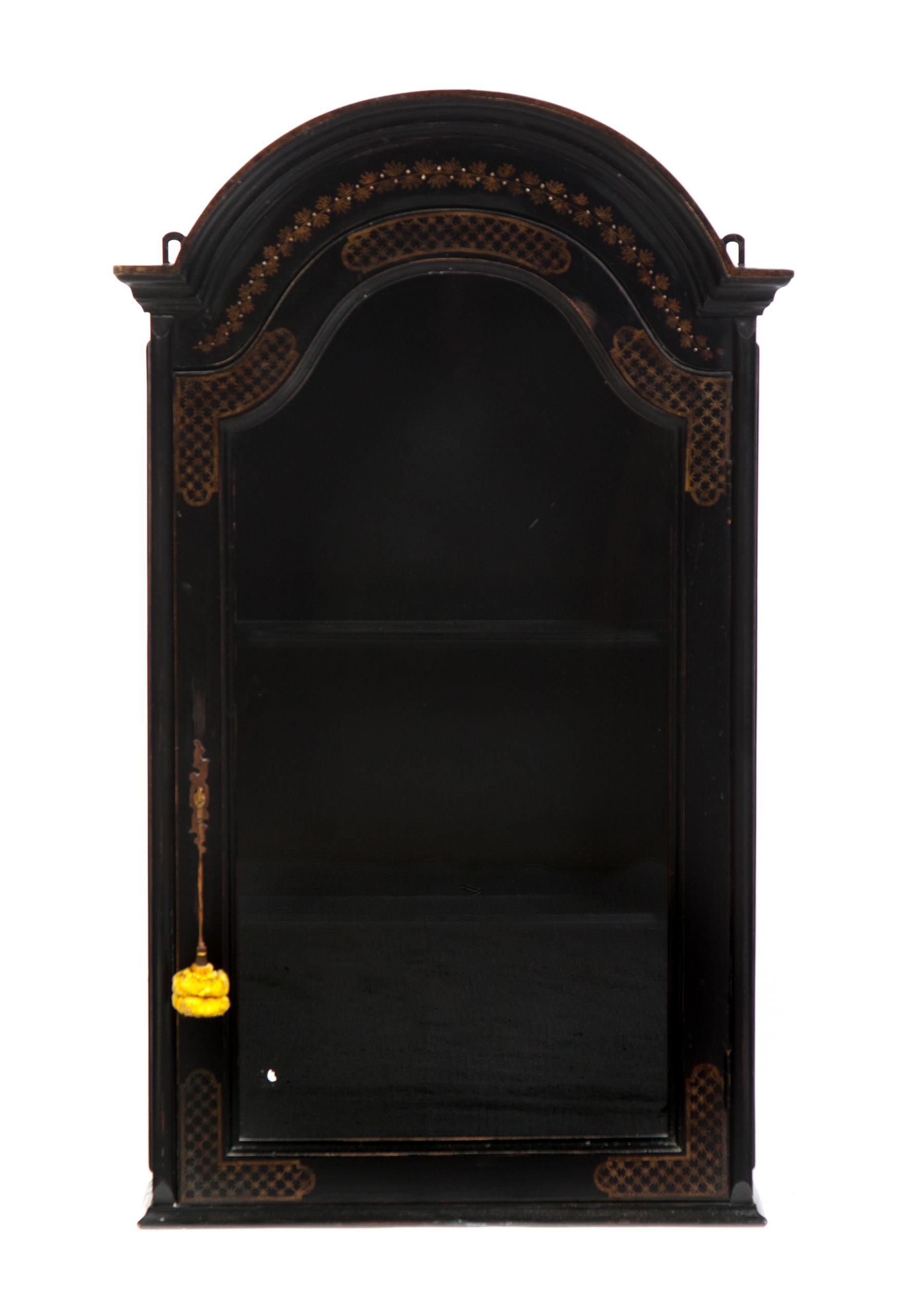 Appraisal: BLACK LACQUER HANGING CABINET WITH CHINOISERIE DECORATION American st half-