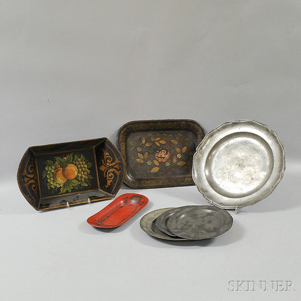 Appraisal: Seven Metal Plates and Trays three tole trays one red-painted