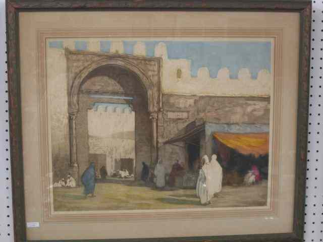 Appraisal: Etching ''Middle Eastern Marketplace'' circa pencil signed illegible image area