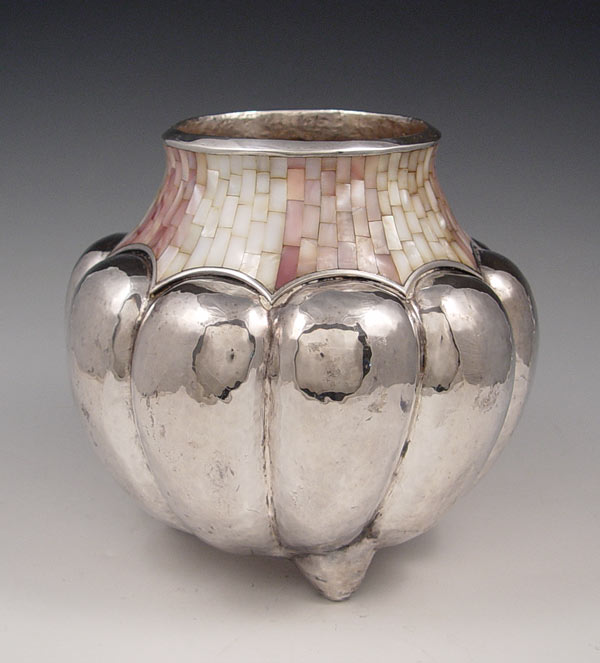 Appraisal: LOS CASTILLO MEXICO SILVERPLATE ABALONE FOOTED VASE Hand hammered silver