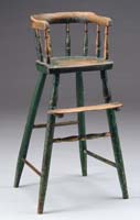 Appraisal: WINDSOR GREEN PAINTED HIGHCHAIR Spindle back bent press plank seat