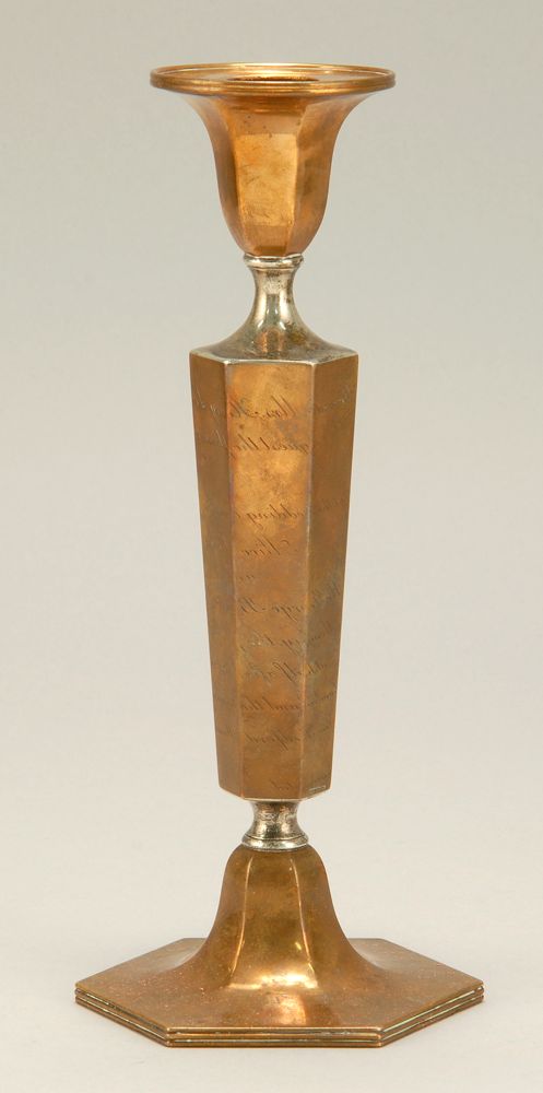 Appraisal: TIFFANY COPPER-ON-SILVER CANDLESTICK th CenturyCandlestick body is the plate for