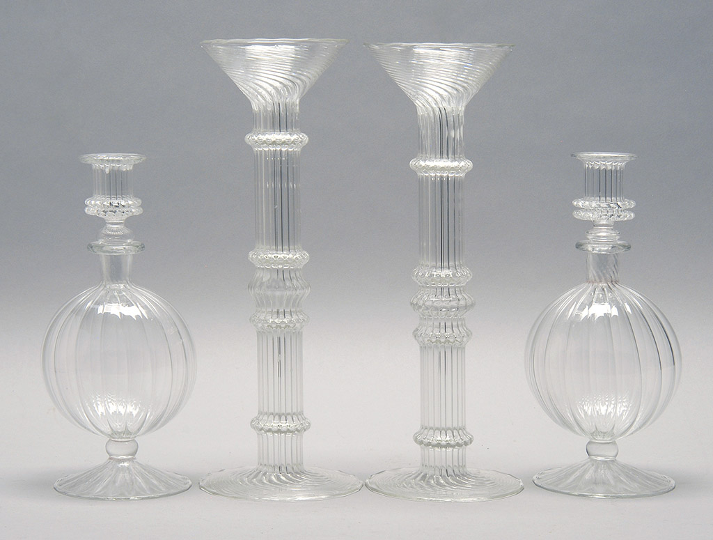 Appraisal: TWO PAIRS OF VENETIAN-STYLE COLORLESS BLOWN GLASS CANDLESTICKS th CenturyBoth