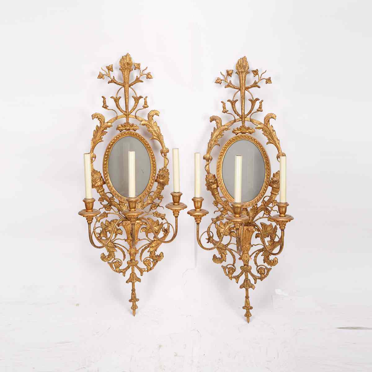 Appraisal: Pair of Florentine Neoclassical Style Giltwood Two Light Mirrored Wall