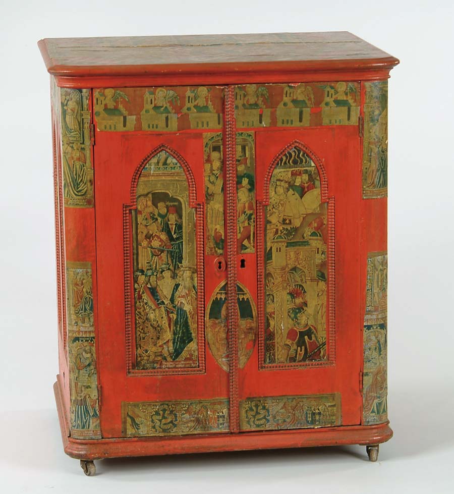 Appraisal: TWO DOOR GOTHIC STYLE CABINET Painted red with decoupage Medieval