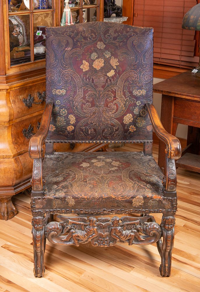 Appraisal: th Century Tooled Leather Chair th Century Tooled Leather Chair