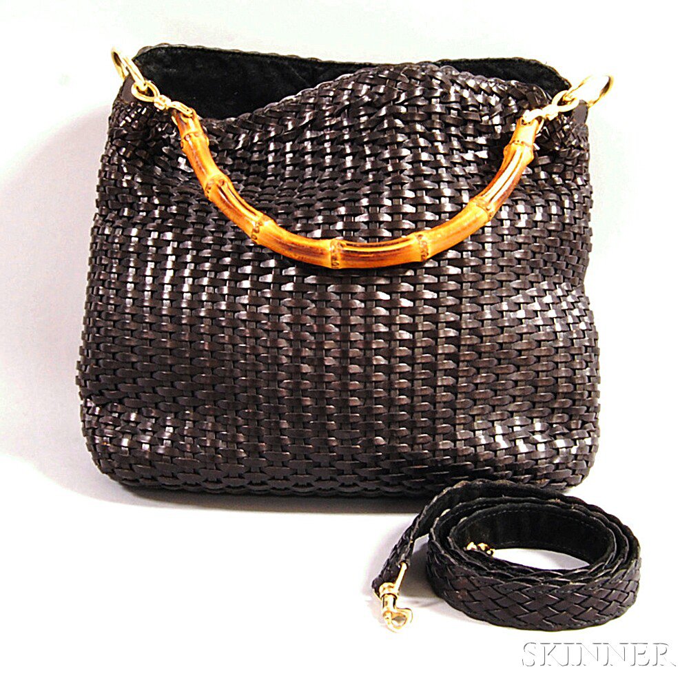 Appraisal: Black Woven Leather Gucci Shoulder Bag with Bamboo Handle attached