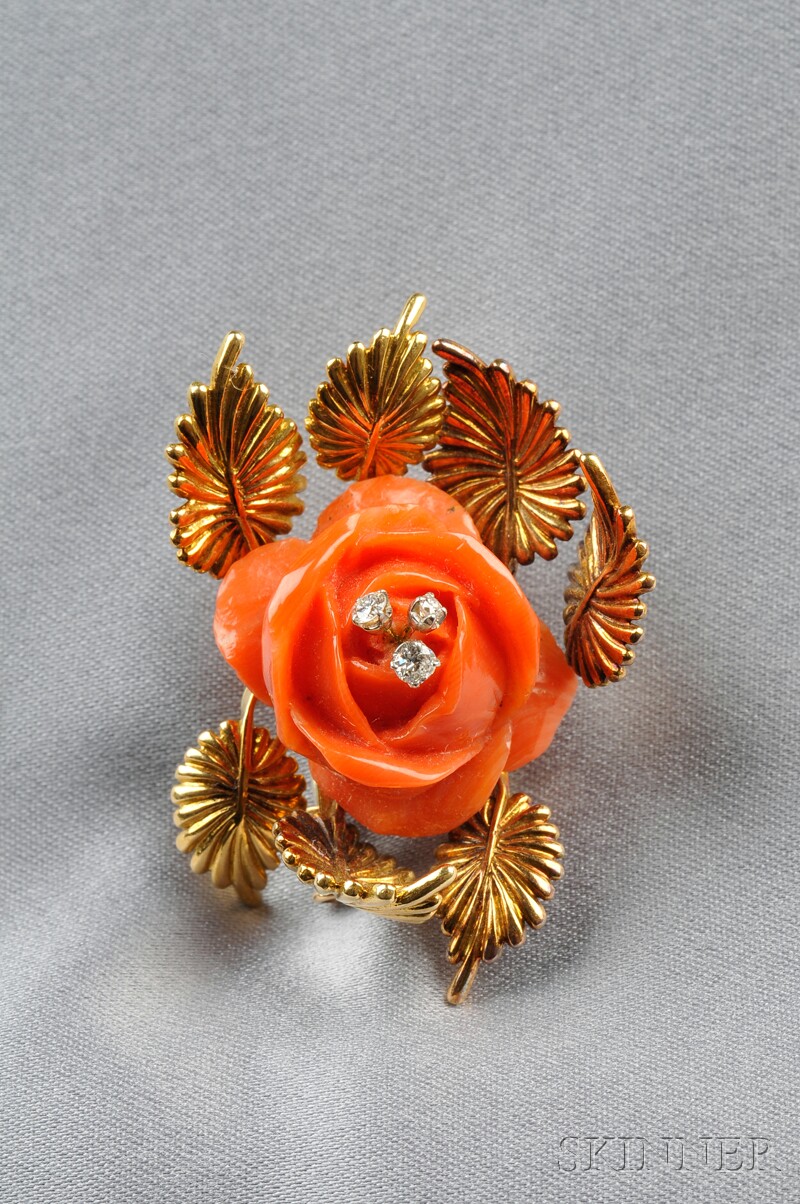 Appraisal: kt Gold Coral and Diamond Rose Brooch Jean Schlumberger France