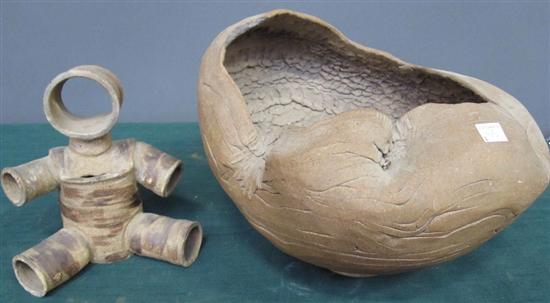 Appraisal: TWO PIECES OF POTTERY Sold with SEMI GLAZED POTTERY STYLIZED