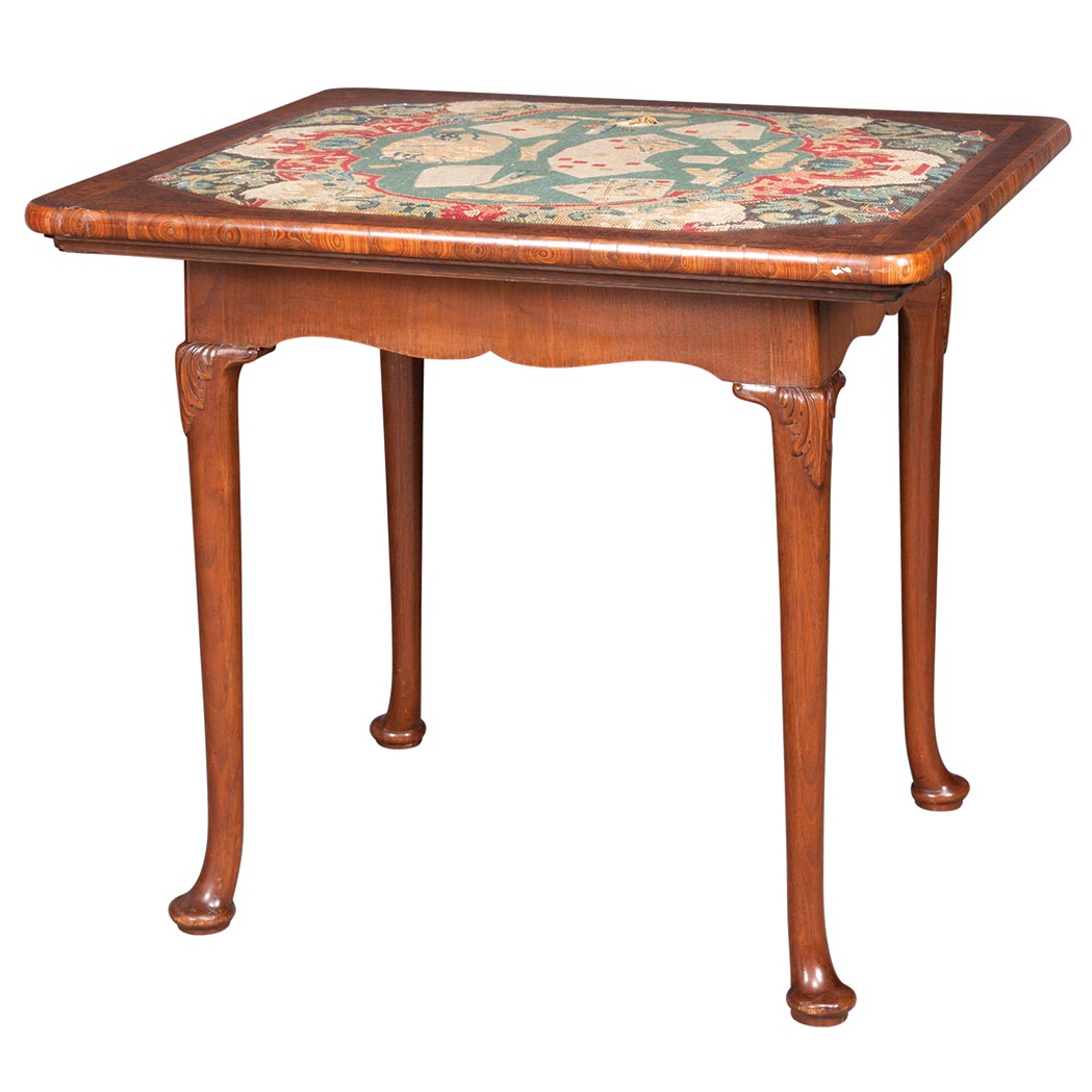 Appraisal: George II Style Walnut Tulipwood Mahogany Game Table The needlework