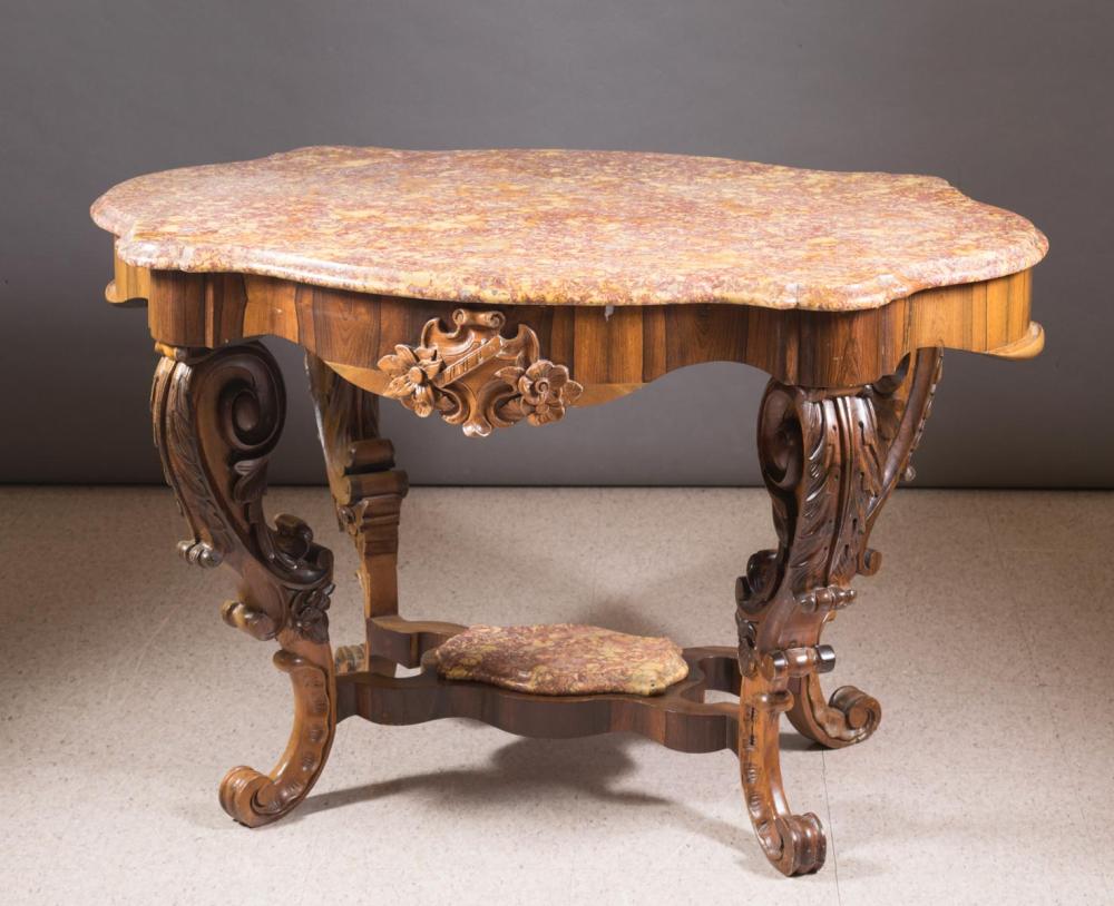 Appraisal: VICTORIAN MARBLE-TOP ROSEWOOD CENTER TABLE American mid- th century fitted