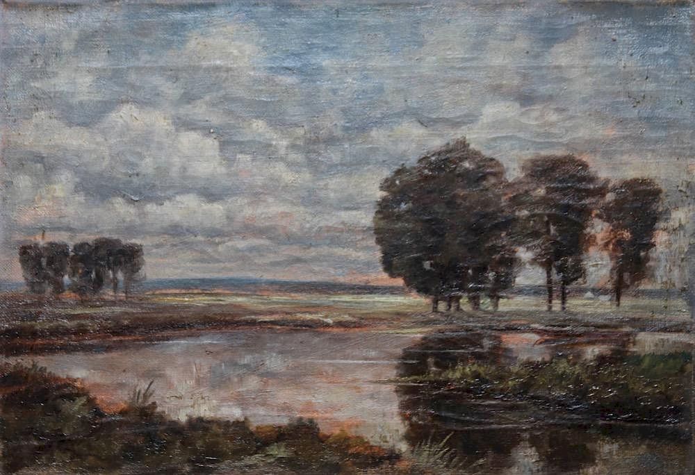 Appraisal: thc French School Landscape with Pond at Sunset Oil on