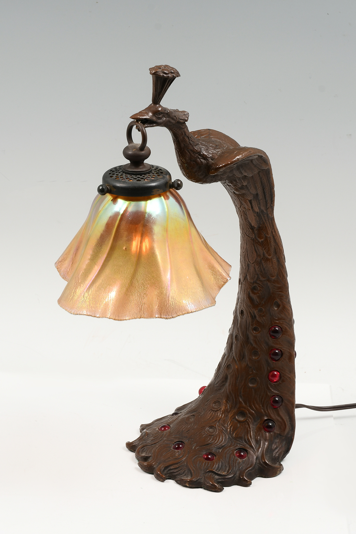 Appraisal: BRONZE PEACOCK TABLE LAMP W ART GLASS SHADE Austrian Bronze