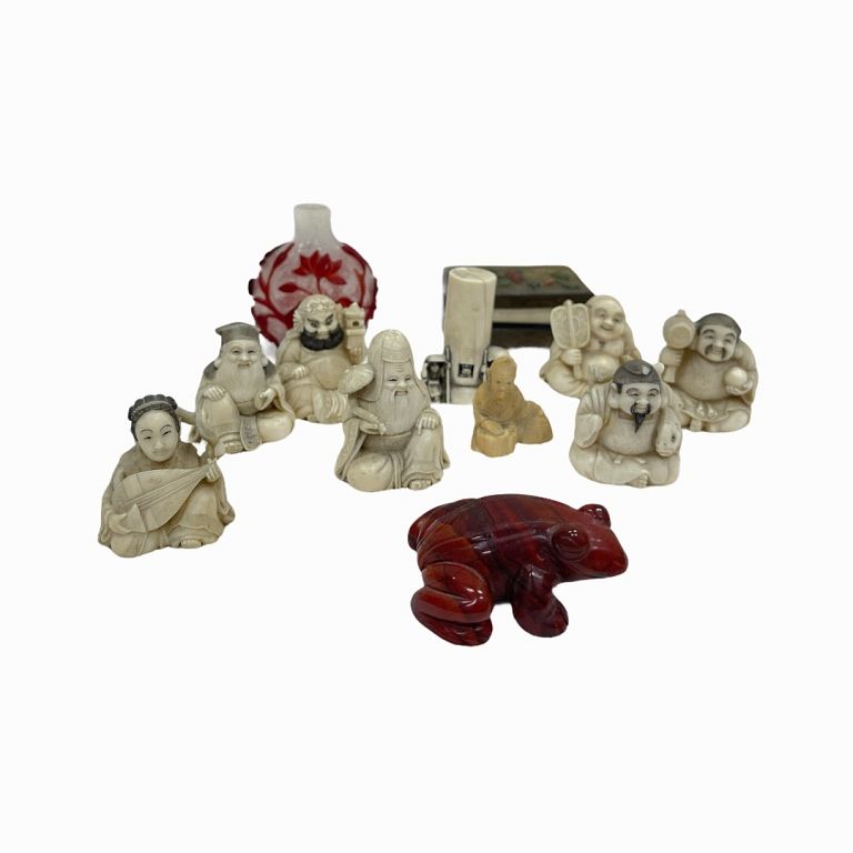 Appraisal: Set of Bone and Jade Chinese Figurines Nine bone figurines