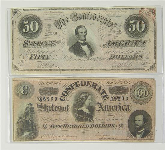 Appraisal: Two Confederate Notes Note - issued Feb pinkish front blue