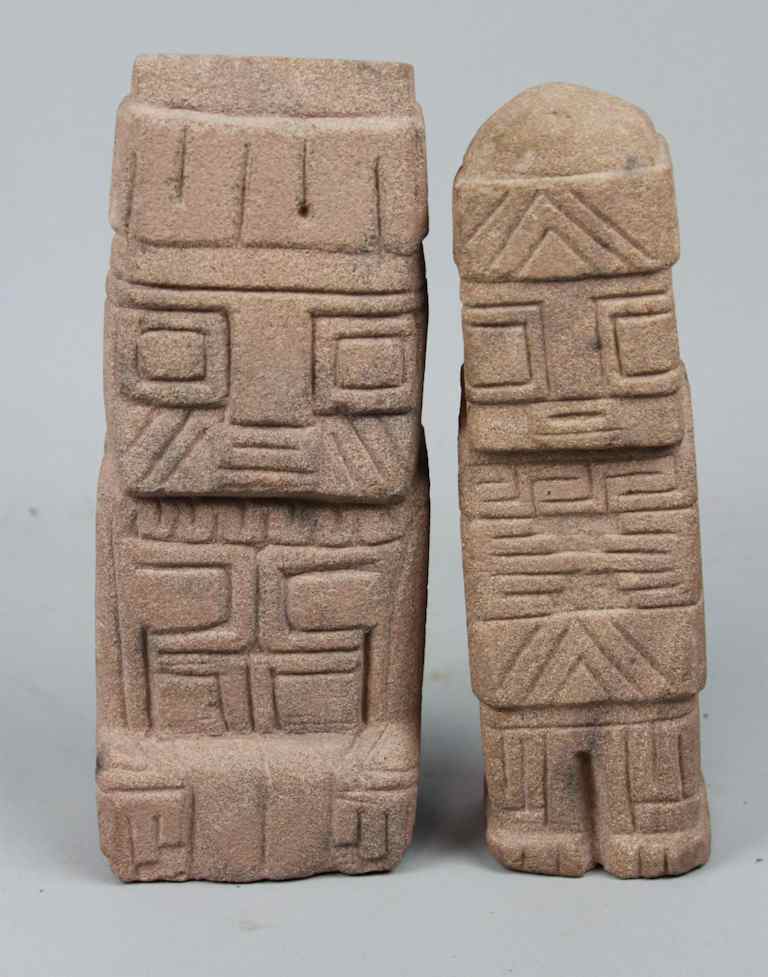 Appraisal: TWO INCA STYLE CARVED STONE FIGURES both roughly in high