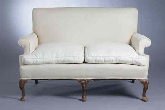 Appraisal: GEORGE III CARVED MAHOGANY WALNUT TWO-CUSHION UPHOLSTERED LOVESEAT Straight back