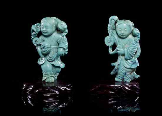 Appraisal: A Pair of Chinese Turquoise Figural Carvings one figure shown