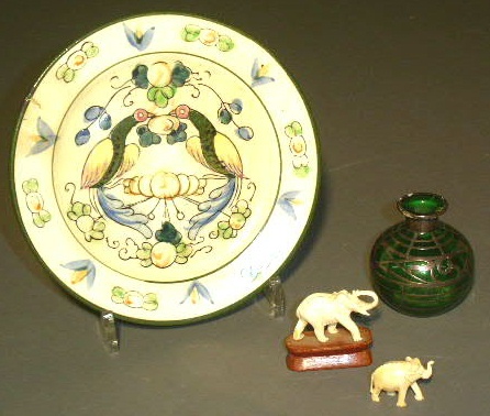 Appraisal: Misc grouping- green bottle with silver overlay h hand-painted Japanese