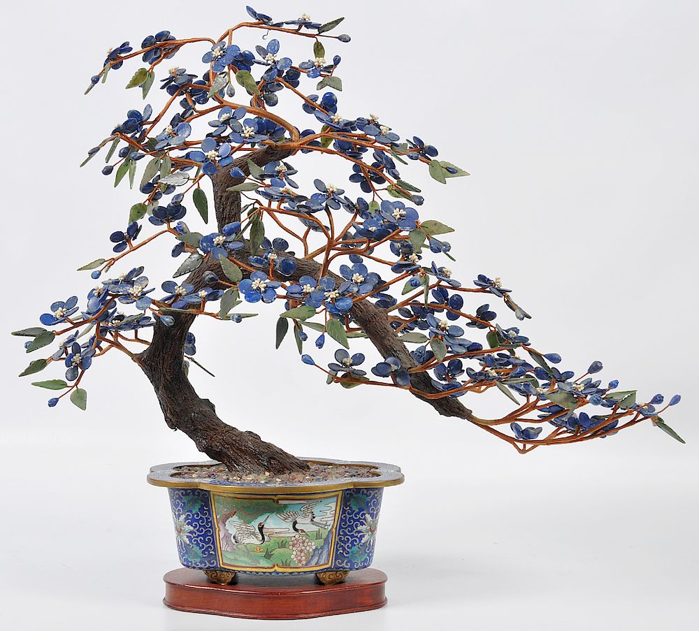 Appraisal: Chinese Lapis Tree Cloisonn Base Chinese lotus blossom tree made