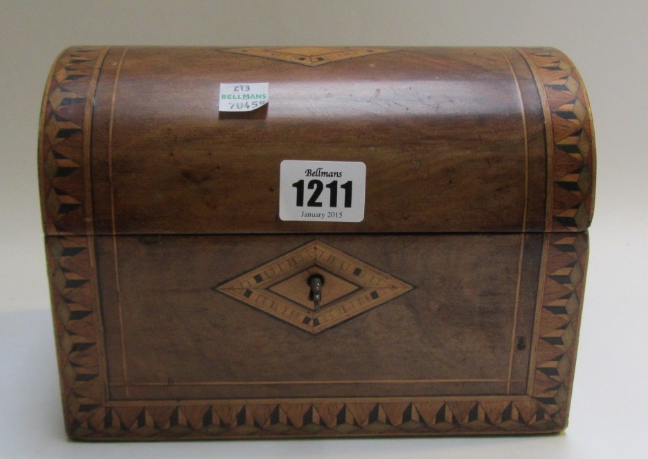 Appraisal: A parquetry inlaid walnut dome top box cm wide together