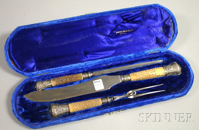 Appraisal: Shreve Crump Low Antler-handled Silver-plated Three-piece Carving Set cased knife