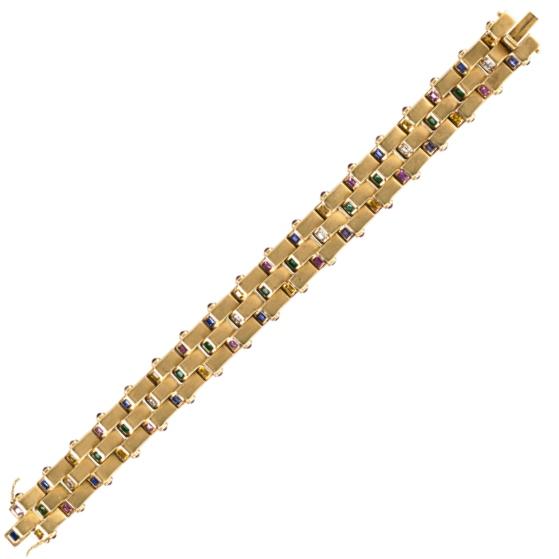 Appraisal: MULTI GEM K GOLD ESCALATOR BRACELET Matte step shaped links